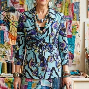 Laura Max Paisley Twist-Front Blouse Blue Purple Size L - Made in USA